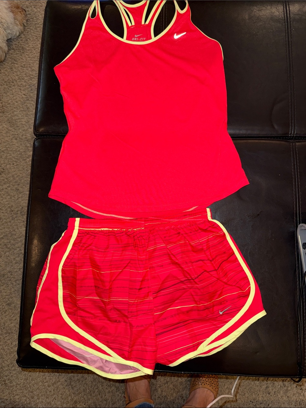 Nike women's Two-Piece Athletic Tank & Shorts Set with neon yellow trim!